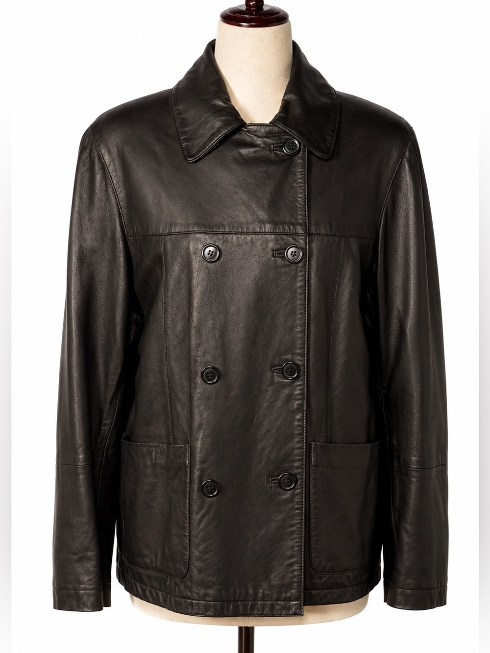 Vintage leather double breasted jacket w removable collar. 6- fits like M/L